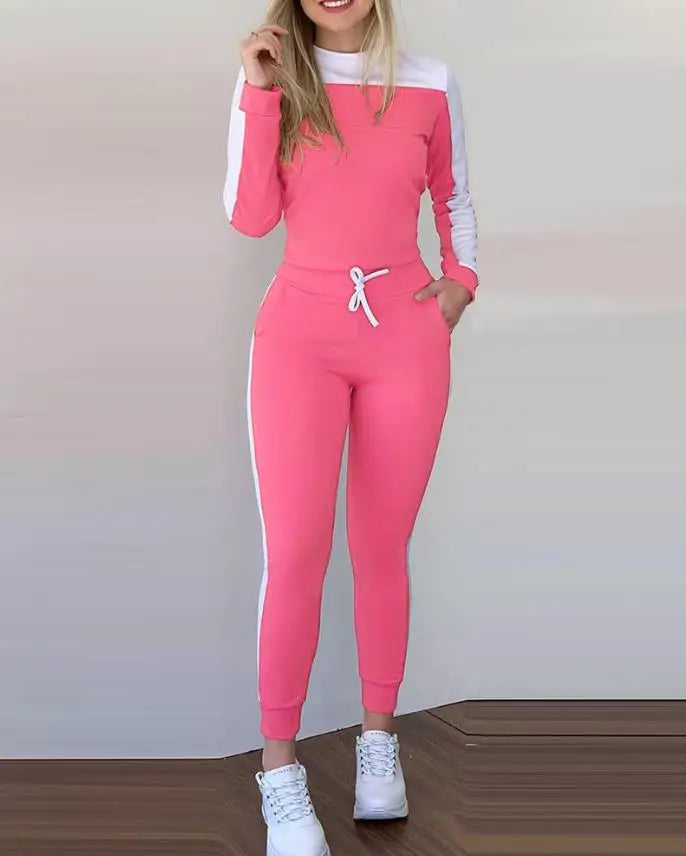 Elegant Pants Set for Woman Casual Autumn Color Block Slimming Long Sleeve Top Stretch Tight Drawstring Women's Matching Sets