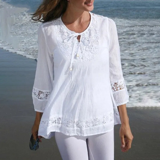 T Shirt Women Spring Autumn Cotton Linen Splicing Lace Temperament 3/4 Sleeve Loose Top T-shirt Tshirt women's Clothing YLY016