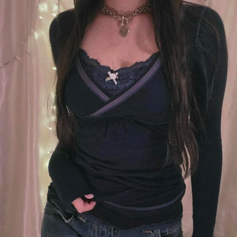 00s Retro Cottage Grunge T-shirt Autumn Ribbed Knitted Long Sleeve Slim Fit Tees Y2K Fairy 90s Vintage V Neck Crop Tops Women