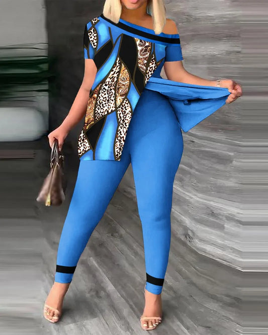 Elegant Women Two Piece Set Suits New Fashion Printed Ruffle Sleeve Top Solid Color Pants Set With Belt Blouses Female Clothing