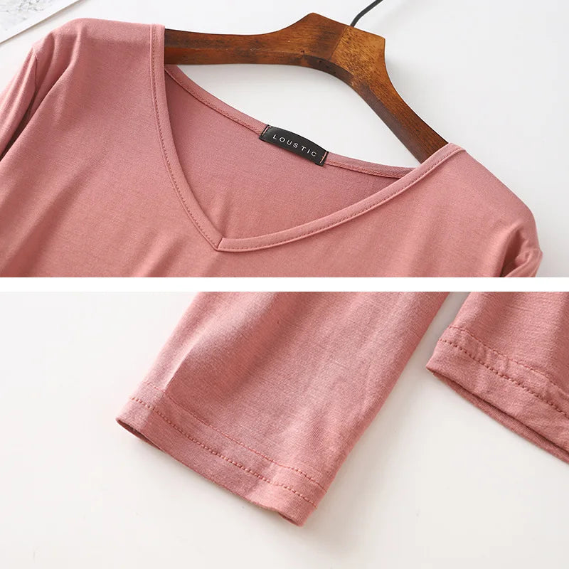 Autumn Modal Tshirt Women's Loose V Neck Bottoming T-shirts Long sleeves Casual Base Tee Tops Solid color Tee Shirts