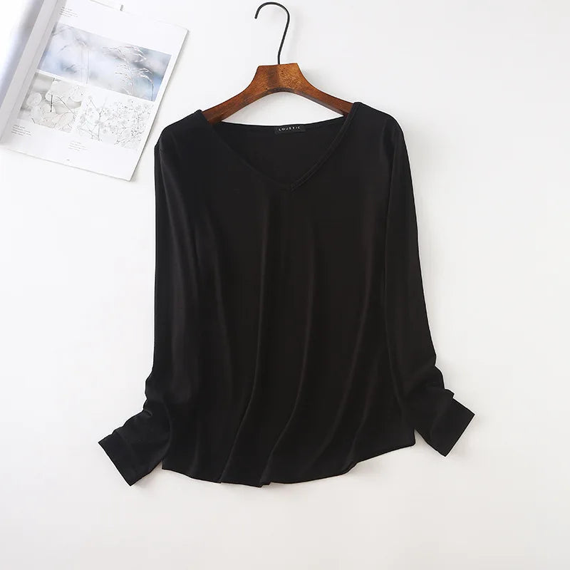 Autumn Modal Tshirt Women's Loose V Neck Bottoming T-shirts Long sleeves Casual Base Tee Tops Solid color Tee Shirts
