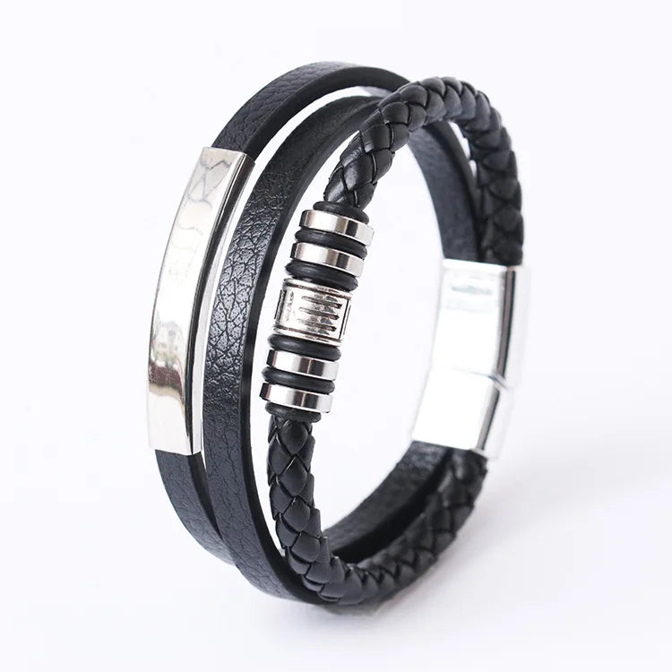 Bracciali in pelle alla moda per uomo, bracciale in acciaio inossidabile da 21 cm, braccialetti a corda intrecciata multistrato per gioielli maschili, regalo