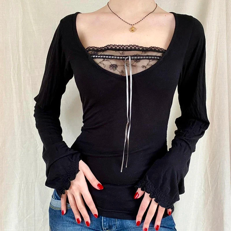 00s Retro Cottage Grunge T-shirt Autumn Ribbed Knitted Long Sleeve Slim Fit Tees Y2K Fairy 90s Vintage V Neck Crop Tops Women