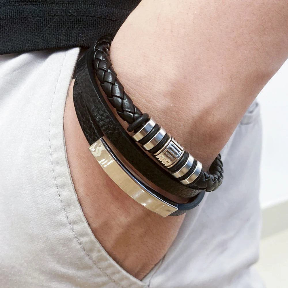 Bracciali in pelle alla moda per uomo, bracciale in acciaio inossidabile da 21 cm, braccialetti a corda intrecciata multistrato per gioielli maschili, regalo
