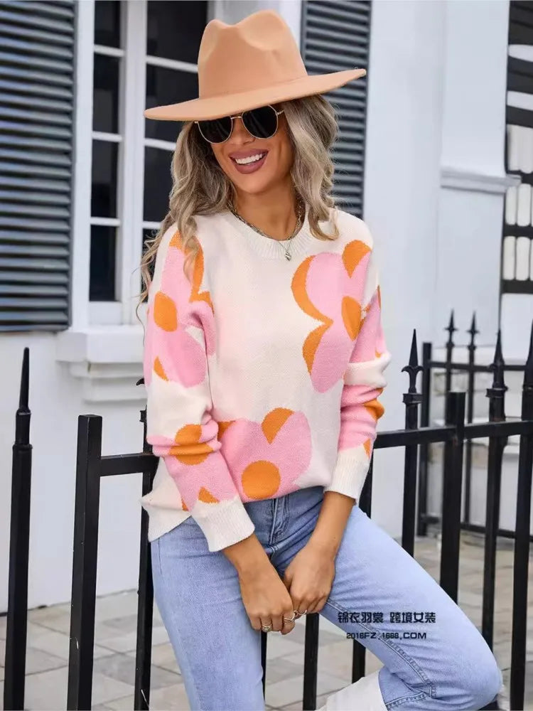 2024 Autumn Winter New Women's Fashion Printed Sweater Round Neck Fashion Large Flower Leisure Comfortable Long Sleeve Sweater