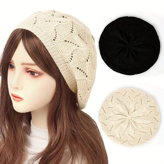 Travel Spring/Summer/Autumn Women Knit Beret Hat Plain Color Hollow French Artist Beanie Headband Thin Acrylic Berets Outdoor