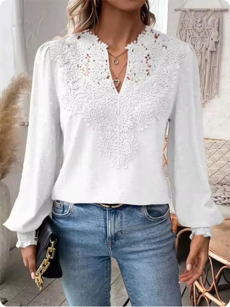 Sexy Lace Long Sleeved V-neck Solid Color Women's T-shirt Elegant Daily Street Versatile Autumn Casual Top
